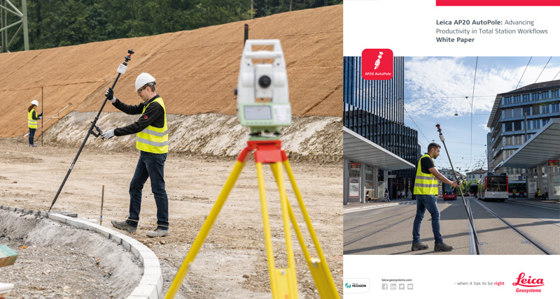 Vermessungsingenieure auf einer Baustelle, die zur Vermessung einer Straße eine Leica TS16 Totalstation und einen AP20 Lotstab mit Zielverfolgung verwenden.